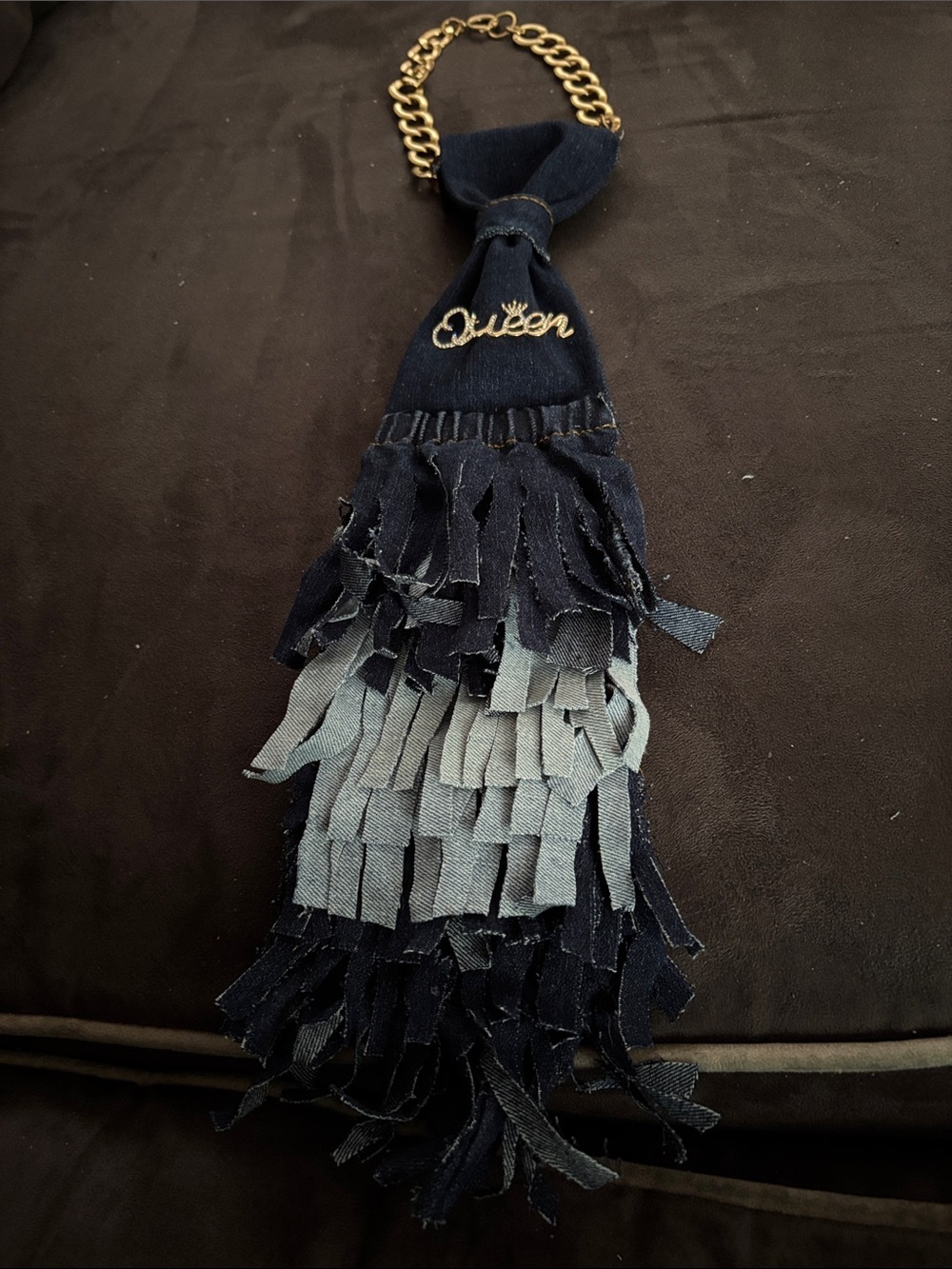 Queen Denim Tassel Neck Tie with Gold Chain